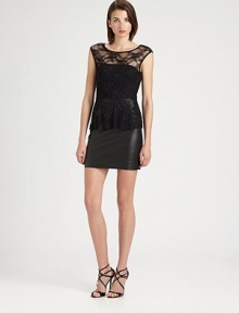 A lacy bodice and a ruffled peplum lend a feminine touch to a faux leather skirt.Jewel necklineSleevelessSheer yokeRuffled peplumAbout 16 from natural waistBodice: nylon/spandexLace: rayon/nylon/spandexSkirt: polyurethaneDry cleanMade in USA of imported fabricModel shown is 5'10 (177cm) wearing US size Small. A lacy bodice and a ruffled peplum lend a feminine touch to a faux leather skirt.Jewel necklineSleevelessSheer yokeRuffled peplumAbout 16 from natural waistBodice: nylon/spandexLace: rayon/nylon/spandexSkirt: polyurethaneDry cleanMade in USA of imported fabricModel shown is 5'10 (177cm) wearing US size Small.