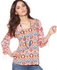 Channel a bohemian attitude in this breezy peasant top from Lucky Brand Jeans, featuring a colorful ikat-inspired print. It's a great match with jeans! Channel a bohemian attitude in this breezy peasant top from Lucky Brand Jeans, featuring a colorful ikat-inspired print. It's a great match with jeans!