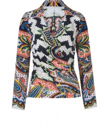 Work an iconic paisley print into your chic workweek separates with Etros ultra feminine paisley print silk wrap top - Pointed spread collar, long sleeves, wrapped front with pleat detailed button closures at side - Loosely fitted - Wear with just as bright accessories Work an iconic paisley print into your chic workweek separates with Etros ultra feminine paisley print silk wrap top - Pointed spread collar, long sleeves, wrapped front with pleat detailed button closures at side - Loosely fitted - Wear with just as bright accessories