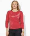 Lauren Ralph Lauren's Southwest-inspired bird graphic and colorful beading imbue this soft slub plus size cotton Henley with a bold free spirit.