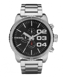 Get your point across with this larger-than-life watch by Diesel. Stainless steel bracelet and oversized round case, 52mm. Black chronograph dial features silver tone numerals, stick indices, minute track, three subdials, luminous hands and logo. Quartz movement. Water resistant to 50 meters. Two-year limited warranty. Get your point across with this larger-than-life watch by Diesel. Stainless steel bracelet and oversized round case, 52mm. Black chronograph dial features silver tone numerals, stick indices, minute track, three subdials, luminous hands and logo. Quartz movement. Water resistant to 50 meters. Two-year limited warranty.