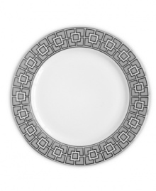 Anything but square, Nixon dinner plates from Jonathan Adler shape things up with a fantastic geometric print in gray, white and dazzling platinum.