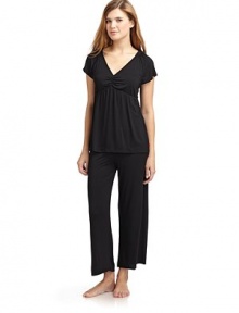 THE LOOKV-neckRuched detail at bustCropped pants have drawstring waistTHE FITTop: about 25 from shoulder to hemPants: rise, about 9; inseam, about 24THE MATERIALModal/spandexCARE & ORIGINMachine washImportedModel shown is 5'10 (177cm) wearing US size Small. THE LOOKV-neckRuched detail at bustCropped pants have drawstring waistTHE FITTop: about 25 from shoulder to hemPants: rise, about 9; inseam, about 24THE MATERIALModal/spandexCARE & ORIGINMachine washImportedModel shown is 5'10 (177cm) wearing US size Small.