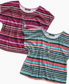 She can show off her stripes with this tee from Baby Phat, a breezy style that makes it a perfect summer style or a cute way to layer for fall. She can show off her stripes with this tee from Baby Phat, a breezy style that makes it a perfect summer style or a cute way to layer for fall.