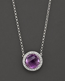 A beautiful faceted amethyst brings this pretty pendant necklace to life, with diamond accents in white gold. A beautiful faceted amethyst brings this pretty pendant necklace to life, with diamond accents in white gold.