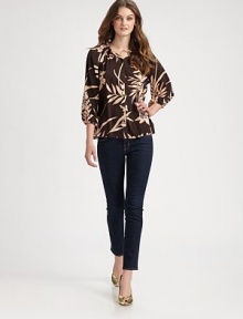 Silhouetted botanicals add graphic appeal to this gorgeous silk blouse tailored with a soft, feminine touch.Ruched band collarButton-down frontGathered sleevesSoftly pleated backAbout 25 from shoulder to hem95% silk/5% spandexDry cleanMade in USA of imported fabricModel shown is 5'10 (177cm) wearing US size Small. Silhouetted botanicals add graphic appeal to this gorgeous silk blouse tailored with a soft, feminine touch.Ruched band collarButton-down frontGathered sleevesSoftly pleated backAbout 25 from shoulder to hem95% silk/5% spandexDry cleanMade in USA of imported fabricModel shown is 5'10 (177cm) wearing US size Small.