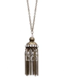 This just in...tassels top the trend report for fall! Freshen your look in Bar III's antique-inspired Arabian tassel pendant. Crafted in gold tone mixed metal, this ornate style features dangling drop chains and clear acrylic accents. Approximate length: 30 inches + 3-inch extender. Approximate drop: 4 inches. This just in...tassels top the trend report for fall! Freshen your look in Bar III's antique-inspired Arabian tassel pendant. Crafted in gold tone mixed metal, this ornate style features dangling drop chains and clear acrylic accents. Approximate length: 30 inches + 3-inch extender. Approximate drop: 4 inches.