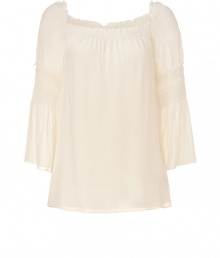 Lovely cream off-the-shoulder silk top from Theory - This feminine-detailed top brings romantic appeal to your wardrobe - Billowy silhouette, smocking and pintuck details, square neckline, 3/4 bell sleeves - Wear with flared jeans, a military-inspired jacket, and stacked heel ankle boots Lovely cream off-the-shoulder silk top from Theory - This feminine-detailed top brings romantic appeal to your wardrobe - Billowy silhouette, smocking and pintuck details, square neckline, 3/4 bell sleeves - Wear with flared jeans, a military-inspired jacket, and stacked heel ankle boots