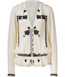 Exquisitely embellished with beaded black patterning, Day Birger et Mikkelsens cream blouse is a standout separate perfect for giving your work look a lift - V-neckline, long sleeves, buttoned front, elasticized waist with softly ruffled hemline - Feminine tailored fit - Team with everything from jeans and flats to pencil skirts and heels Exquisitely embellished with beaded black patterning, Day Birger et Mikkelsens cream blouse is a standout separate perfect for giving your work look a lift - V-neckline, long sleeves, buttoned front, elasticized waist with softly ruffled hemline - Feminine tailored fit - Team with everything from jeans and flats to pencil skirts and heels