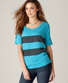 Colorblocked stripes make for a trendy top that's a little bit sporty in this look from DKNY Jeans. Up the retro appeal with skinny jeans and booties, or keep it springy with capris and sneakers! Colorblocked stripes make for a trendy top that's a little bit sporty in this look from DKNY Jeans. Up the retro appeal with skinny jeans and booties, or keep it springy with capris and sneakers!