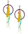 Catch some dreams. The whimsical quality of Betsey Johnson's colorful feather hoop earrings will bring your imagination to life. Crafted in gold-plated mixed metal with bright yellow, blue and green feathers, faceted red beaded accents, and a crystal accent at the post. Approximate drop: 4 inches. Approximate diameter: 1-1/2 inches.