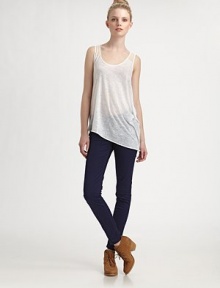 Airy cotton jersey in an updated asymmetrical tee.ScoopneckSleevelessAbout 28 from shoulder to hem75% polyester/25% cottonMachine washImportedModel shown is 5'10 (177cm) wearing US size Small. Airy cotton jersey in an updated asymmetrical tee.ScoopneckSleevelessAbout 28 from shoulder to hem75% polyester/25% cottonMachine washImportedModel shown is 5'10 (177cm) wearing US size Small.