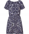 Light and lovely, this pure silk dress looks and feels amazing on - Indigo and black global-inspired tile print is unique and feminine - Features short, loose sleeves, wide scoop neck and drawstring waist - Loose fit with skirt that falls just above the knee - Pair with leather flats and a blazer for the office, or with wedge heels for the weekend