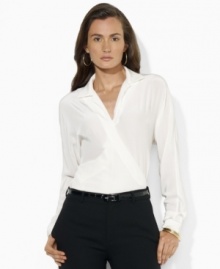 Lauren Ralph Lauren's soft silk wrap blouse is modernized for the season with dolman sleeves. Lauren Ralph Lauren's soft silk wrap blouse is modernized for the season with dolman sleeves.