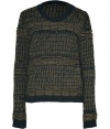 Chunky, hand-knit sweater in military green and black is cozy and stylish - Designed in wool and alpaca for optimum warmth and softness - Round neck, long slim sleeves and moderately-fitted silhouette - Trim at neck, hem and sleeves - Pair with boyfriend jeans and flats, or with corduroys and boots