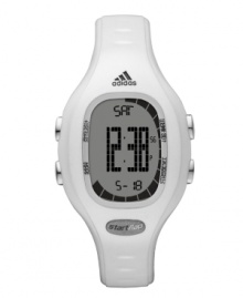 Power hour. This bright white Naloa watch by adidas crafted of polyurethane strap with shiny metallic finish and round plastic case with logo at bezel. Positive display digital dial features time, date, stopwatch and 10-lap memory. Quartz movement. Water resistant to 100 meters. Two-year limited warranty.