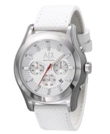 Some things are just black and white -- and the cool, clean style of this watch by AX Armani Exchange is one of them. Some things are just black and white -- and the cool, clean style of this watch by AX Armani Exchange is one of them.