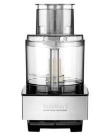 Think cooking is too much of a process? Think again with Cuisinart's smart solution for doing more, all in one place. Equipped with a 14-cup work bowl and extra large feed tube, this food processor tackles the biggest foods and recipes, plus with slicing & shredding discs, a chopping & mixing blade and a dough blade, this is your new kitchen do-it-all. 5-year warranty. Model DFP14BCN. Think cooking is too much of a process? Think again with Cuisinart's smart solution for doing more, all in one place. Equipped with a 14-cup work bowl and extra large feed tube, this food processor tackles the biggest foods and recipes, plus with slicing & shredding discs, a chopping & mixing blade and a dough blade, this is your new kitchen do-it-all. 5-year warranty. Model DFP14BCN.
