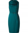 Elegant sleeveless dress in emerald silk and wool blend - Rich color and sophisticated detail up the ante on ladylike luxe - Ample gather detail at neck line - Skinny belt cinches the waist - Slim cut, hits below the knee - Pair with platform pumps and cocktail jewelry