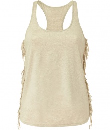 Up the ante on casual summer basics with this boho-chic ecru tank from Ella Moss - Super-soft, ultra-flattering rayon stretch blend - Slim yet relaxed racer back cut with round neck - On trend fringe embellishment at sides - Hem hangs slightly longer in the back - Pair with ballet flats or leather sandals and Bermudas, cropped trousers or skinny denim Up the ante on casual summer basics with this boho-chic ecru tank from Ella Moss - Super-soft, ultra-flattering rayon stretch blend - Slim yet relaxed racer back cut with round neck - On trend fringe embellishment at sides - Hem hangs slightly longer in the back - Pair with ballet flats or leather sandals and Bermudas, cropped trousers or skinny denim