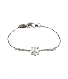 Bring some bling to your favorite ladylike looks with this rhinestone-encrusted silver bracelet from Juicy Couture - Delicate silver-tone brass bracelet with crystal embellishment and large pyramid-shaped stone - Pair with a casual cocktail look or an elevated jeans-and-tee combo