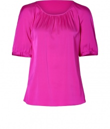 An essential separate packed with pairing possibilities, Hugos stretch silk top guarantees a feminine polish to your look - Round gathered neckline, short sleeves, softly rounded hemline - Easy tailored fit - Team with a blazer, pencil skirt and leather carryall tote for work An essential separate packed with pairing possibilities, Hugos stretch silk top guarantees a feminine polish to your look - Round gathered neckline, short sleeves, softly rounded hemline - Easy tailored fit - Team with a blazer, pencil skirt and leather carryall tote for work
