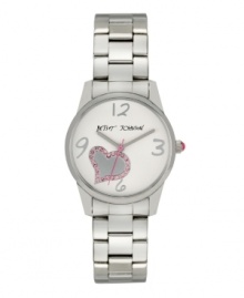 Sweet girls arrive on time! Watch by Betsey Johnson crafted of polished stainless steel bracelet and round case. White dial features applied silver tone numerals at twelve, three, six and nine o'clock, pink crystal-accented heart graphic, silver tone hour and minute hands, signature fuchsia second hand and logo. Quartz movement. Water resistant to 30 meters. Two-year limited warranty. Sweet girls arrive on time! Watch by Betsey Johnson crafted of polished stainless steel bracelet and round case. White dial features applied silver tone numerals at twelve, three, six and nine o'clock, pink crystal-accented heart graphic, silver tone hour and minute hands, signature fuchsia second hand and logo. Quartz movement. Water resistant to 30 meters. Two-year limited warranty.