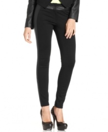 Jessica Simpson's ponte-knit skinny pants feature faux-leather trims for serious downtown edge. Jessica Simpson's ponte-knit skinny pants feature faux-leather trims for serious downtown edge.
