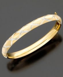 A pretty bangle bracelet dressed up with a diamond-cut design. Crafted of 14k gold over sterling silver and sterling silver. Approximate diameter: 2-1/2 inches. A pretty bangle bracelet dressed up with a diamond-cut design. Crafted of 14k gold over sterling silver and sterling silver. Approximate diameter: 2-1/2 inches.