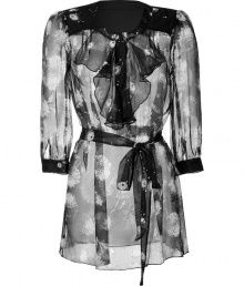 Luxe top in fine, pure black printed silk - Sheer, featherweight fabric drapes beautifully - Elegant, all-over white floral motif is quintessentially Anna Sui - Round neck with decorative ruffle embellishment - On-trend, 3/4 sleeves and belted tie waist - Darker trim at cuffs and shoulders - Feminine and fluid, easily goes from work to weekend - Pair with flared trousers, leather pants or skinny denim Luxe top in fine, pure black printed silk - Sheer, featherweight fabric drapes beautifully - Elegant, all-over white floral motif is quintessentially Anna Sui - Round neck with decorative ruffle embellishment - On-trend, 3/4 sleeves and belted tie waist - Darker trim at cuffs and shoulders - Feminine and fluid, easily goes from work to weekend - Pair with flared trousers, leather pants or skinny denim