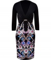 With a soft metallic shimmer and characteristic kaleidoscopic print, Roberto Cavallis printed jersey dress is both eye-catching and exquisite - V-neckline, 3/4 sleeves, blue enamel and white crystal embellished silver-toned brooch detail, pull-over style - Form-fitting - Wear with metallic pumps and a bright leather clutch