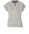 Downtime wardrobes get a fashionable kick from J Brand with this heather grey top - Relaxed, classic sweatshirt look features rounded neck, contrasting athletic-wear triangle at front, short, loose sleeves and subtle seams - Exposed zipper at side - Pair with skinny jeans and wedge heels for a weekend look that is chic but casual, or with cropped white denim and favorite thongs for a clean, leisure-time look