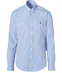 Easy, understated and classically cool, Polo Ralph Laurens striped button down is a must in any modern wardrobe - In a soft, pure blue and cream printed cotton poplin - New slim cut is more fitted through chest and torso - Small collar, cuffed sleeves and full button placket - Iconic embroidered polo pony logo at chest - Dress up with suit trousers and a blazer, or go for a more casual look with jeans and a pullover Easy, understated and classically cool, Polo Ralph Laurens striped button down is a must in any modern wardrobe - In a soft, pure blue and cream printed cotton poplin - New slim cut is more fitted through chest and torso - Small collar, cuffed sleeves and full button placket - Iconic embroidered polo pony logo at chest - Dress up with suit trousers and a blazer, or go for a more casual look with jeans and a pullover