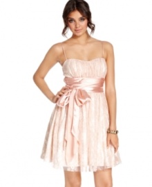 Overlaid in girlish lace and adorned with a sweet satin sash, this dress from B Darlin caters to your femme party style. Overlaid in girlish lace and adorned with a sweet satin sash, this dress from B Darlin caters to your femme party style.