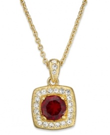 Paint the town red. This pendant necklace from Eliot Danori is crafted from 18k gold-plated brass with a red crystal framed by sparkling cubic zirconias. (1 ct. t.w.) Approximate length: 16 inches + 2-inch extender. Approximate drop: 1/2 inch. Paint the town red. This pendant necklace from Eliot Danori is crafted from 18k gold-plated brass with a red crystal framed by sparkling cubic zirconias. (1 ct. t.w.) Approximate length: 16 inches + 2-inch extender. Approximate drop: 1/2 inch.