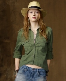 Perfect for pairing with a high-waisted jean or cuffed short for effortless chic, Denim & Supply Ralph Lauren's cropped cotton twill workshirt dips gracefully in the back to create a uniquely feminine silhouette. Perfect for pairing with a high-waisted jean or cuffed short for effortless chic, Denim & Supply Ralph Lauren's cropped cotton twill workshirt dips gracefully in the back to create a uniquely feminine silhouette.