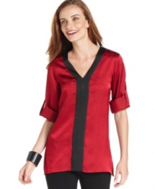 Channel casual elegance in Ellen Tracy's colorblocked satin blouse. Channel casual elegance in Ellen Tracy's colorblocked satin blouse.
