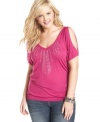 Sassy cutouts spotlight Belle Du Jour's short sleeve plus size top, finished by an embellished front-- team it with your fave jeans.