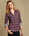 Tommy Hilfiger's crisp plaid shirt features a ruffled placket for a girly touch. Try it with jeans and your favorite boots.