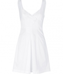 Stylish dress in fine, pure white cotton - Fitted bodice with medium-width straps - V-neck and asymmetric, two-button placket at front and back - Medium-width straps - Slim, A-line silhouette tapers at waist - Skirt bells at hem, hits above the knee - Sweet and sophisticated, easily dressed up or down - Pair with peep toe pumps, flat leather sandals or colorful wedges Stylish dress in fine, pure white cotton - Fitted bodice with medium-width straps - V-neck and asymmetric, two-button placket at front and back - Medium-width straps - Slim, A-line silhouette tapers at waist - Skirt bells at hem, hits above the knee - Sweet and sophisticated, easily dressed up or down - Pair with peep toe pumps, flat leather sandals or colorful wedges
