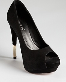 A gleaming gold-tone heel tip lends a gilded finish to Boutique 9's Nalanee pumps, a towering, peep toe silhouette in suede black as night. A gleaming gold-tone heel tip lends a gilded finish to Boutique 9's Nalanee pumps, a towering, peep toe silhouette in suede black as night.