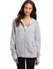 THE LOOKSatin-lined hood with zipper closureDistressed and torn details throughoutLong sleevesFront pouch pocketRib-knit cuffs and hemTHE FITAbout 26 from shoulder to hemTHE MATERIALCotton/polyesterCARE & ORIGINMachine washMade in USAModel shown is 5'8 (172½cm) wearing US size Small. THE LOOKSatin-lined hood with zipper closureDistressed and torn details throughoutLong sleevesFront pouch pocketRib-knit cuffs and hemTHE FITAbout 26 from shoulder to hemTHE MATERIALCotton/polyesterCARE & ORIGINMachine washMade in USAModel shown is 5'8 (172½cm) wearing US size Small.