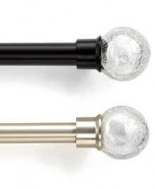 Evoking antique-inspired charm for contemporary window design, the Crackle Glass drapery rod adds a touch of intrigue to virtually any style window treatments. Choose from black or silver finish to best complement your window decor. Evoking antique-inspired charm for contemporary window design, the Crackle Glass drapery rod adds a touch of intrigue to virtually any style window treatments. Choose from black or silver finish to best complement your window decor.