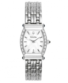 Time to shine. This beautiful Bulova watch features a stainless steel bracelet and rounded rectangular case. Diamond accents at bezel. White mother-of-pearl dial with logo and silvertone stick indices. Quartz movement. Three-year limited warranty. Time to shine. This beautiful Bulova watch features a stainless steel bracelet and rounded rectangular case. Diamond accents at bezel. White mother-of-pearl dial with logo and silvertone stick indices. Quartz movement. Three-year limited warranty.