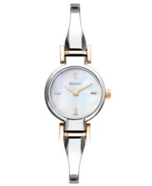 Enchanting color accentuates the thin lines of this stunning bangle bracelet timepiece from Bulova. Enchanting color accentuates the thin lines of this stunning bangle bracelet timepiece from Bulova.