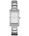 Tremendously elegant and subdued, this women's watch from DKNY shines. Rectangular stainless steel case. Stainless steel silvertone bracelet and rectangular case. Rectangular silvertone dial with logo and numerical indices. Quartz movement. Water resistant to 30 meters. Two-year limited warranty.