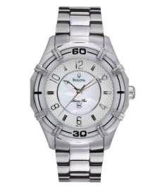 Showcase your charisma with this Marine Star watch by Bulova. Stainless steel bracelet and round case. Mother-of-pearl dial features applied silver tone numerals and stick indices, three hands and logo. Quartz movement. Water resistant to 50 meters. Three-year limited warranty.