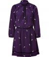 Perfect for taking work looks into cocktails, Juicy Coutures printed purple silk dress is an effortless feminine choice - Short, stand-up tied collar, velvet buttoned front, bracelet-length sleeves, buttoned cuffs, hidden side zip and snap closures, black velvet trim, slightly gathered waist - Softly tailored fit - Wear with flats to work, or dress up with heels and a clutch for cocktails