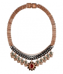 With a bold look and shimmering panther pendants, Mawis crystal encrusted necklace lends a statement luxe edge to every outfit - Mixed chain, logo engraved closure, green crystal embellished panther pendants, dark red and grey embellished flower pendant, rose gold-plated brass - Wear with everything from jeans and tees to cocktail frocks and heels