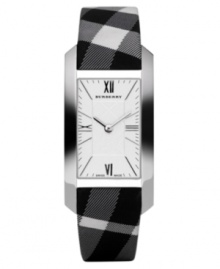 This Burberry watch features a beat check fabric strap and rectangular stainless steel case. Silvertone sunray dial with stick indices, Roman numerals and logo. Swiss made. Quartz movement. Water resistant to 30 meters. Two-year limited warranty. This Burberry watch features a beat check fabric strap and rectangular stainless steel case. Silvertone sunray dial with stick indices, Roman numerals and logo. Swiss made. Quartz movement. Water resistant to 30 meters. Two-year limited warranty.